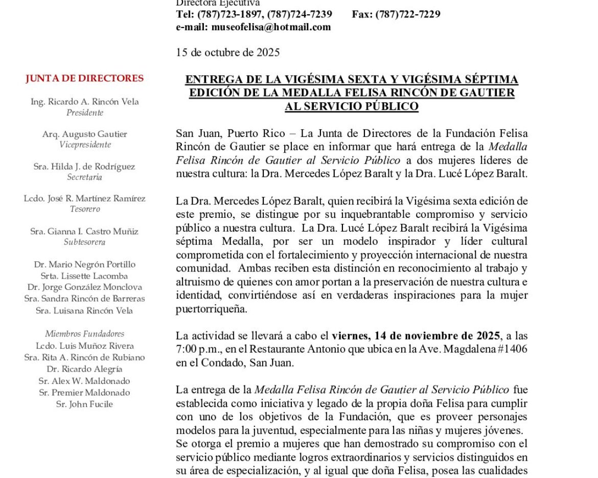 COMUNICADO DE PRENSAMedalla Felisa Rincon al Servicio Publico2025